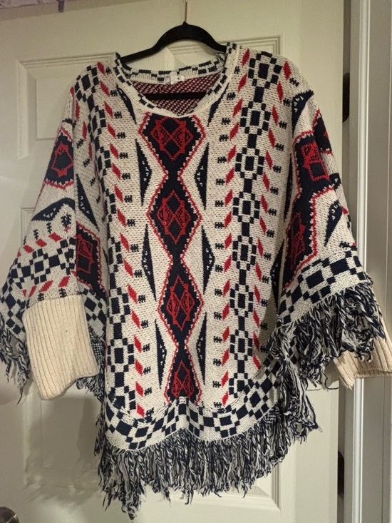 Ardene Sweaters - Ardene Cream Knit Fringe Poncho with Navy and Red Geometric Design